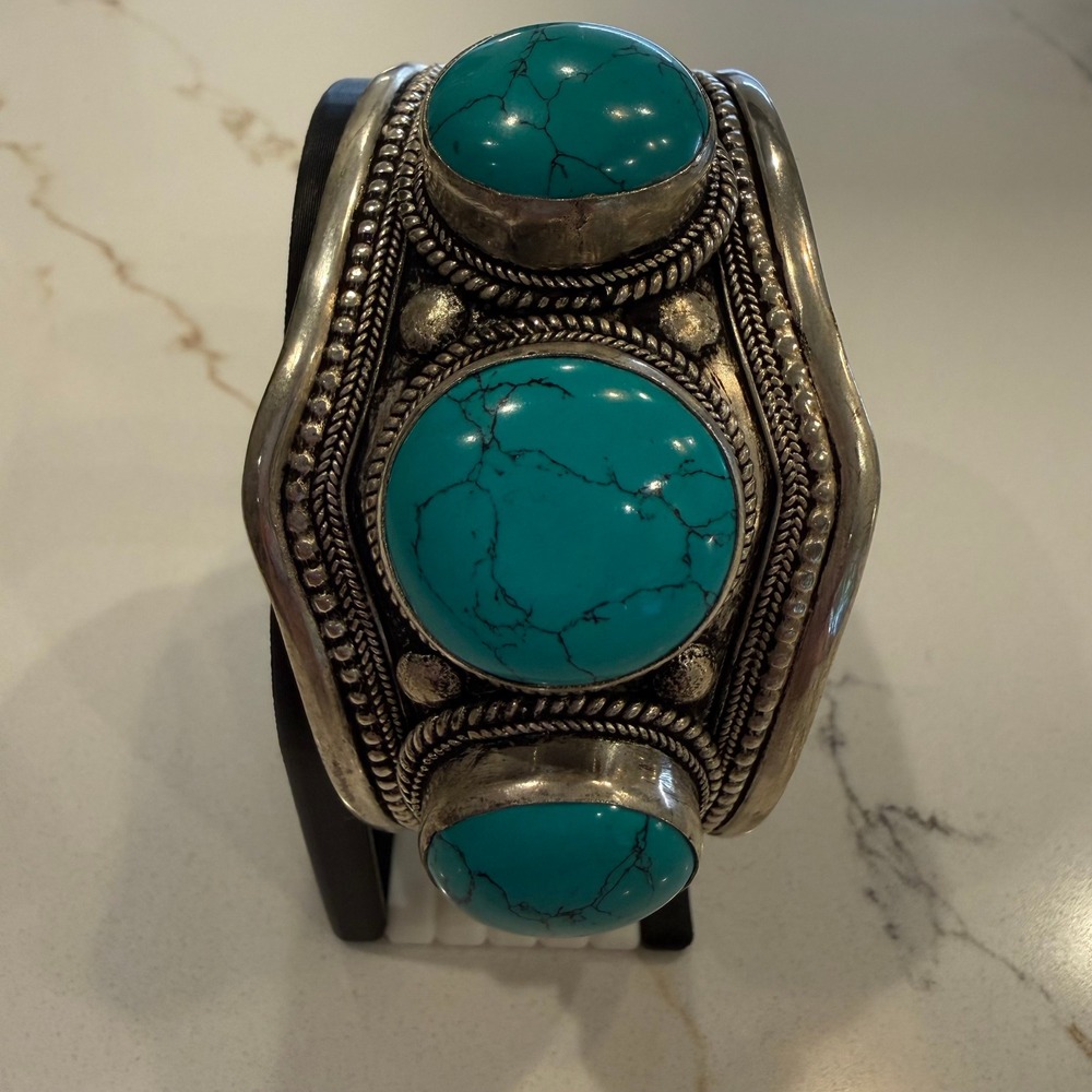 Boho Western Silver Tone Turquoise Look Statement Cuff Bracelet